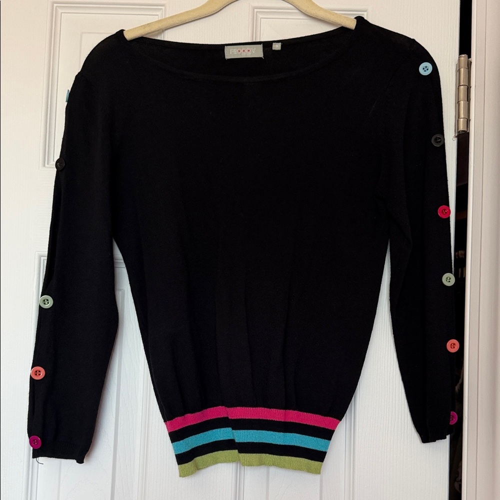 Black Button-Sleeve Scoop Neck Sweater with Multicolor Stripe Hem